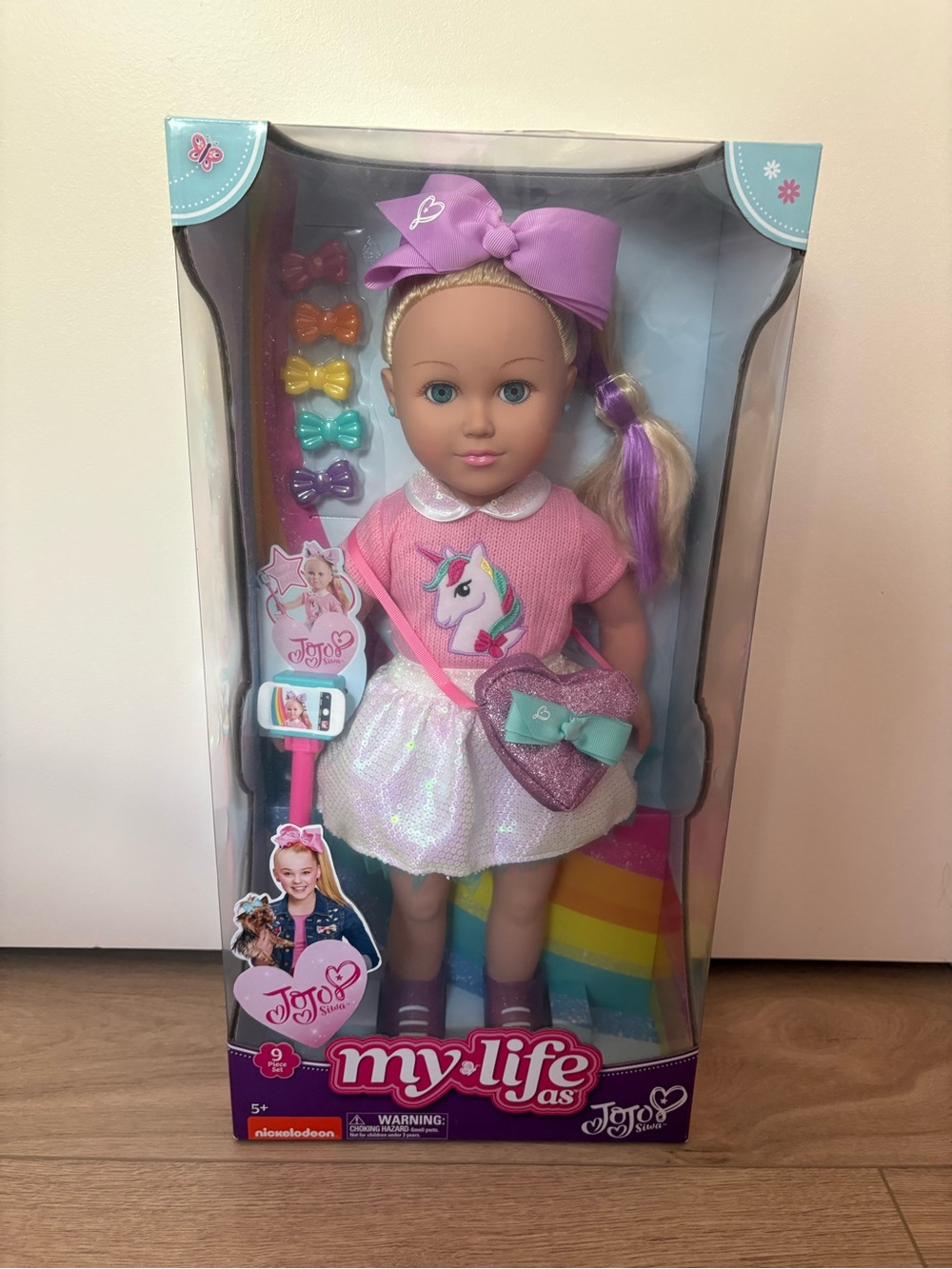 MY LIFE AS JOJO SIWA DOLL WITH PINK UNICORN DRESS, PURPLE BOW & SELFIE STICK